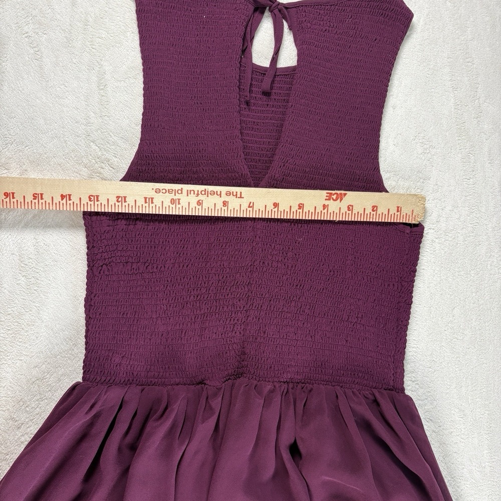 Kimchi Blue Fit & Flare Mini Dress Medium Plum Smocked Bodice Keyhole Back Sheer - Picture 7 of 10